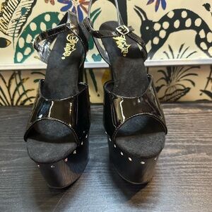 Pleaser Black Patent Platform Heels with rhinestone accents